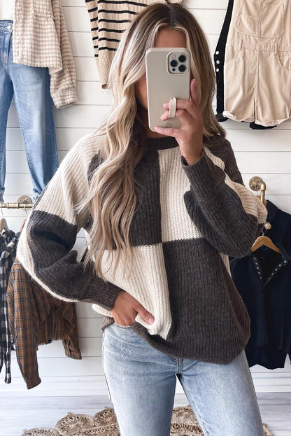 Carbon Grey Checkered Color Block Knit Casual Sweater