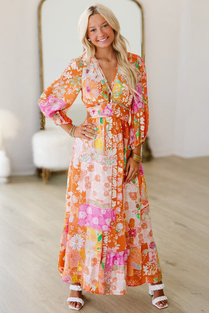 Orange Floral Patchwork Print Cut out Tied Back Bracelet Sleeve Maxi Dress