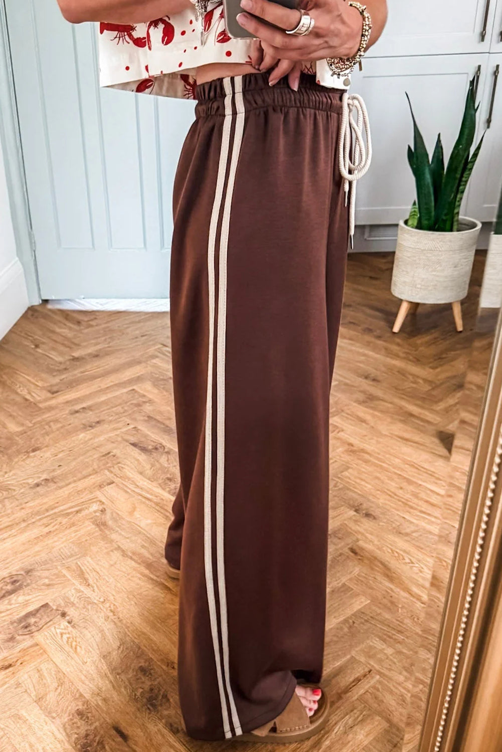 Cinnamon Varsity Striped Side Detail Drawstring Elastic Waist Wide Leg Pants