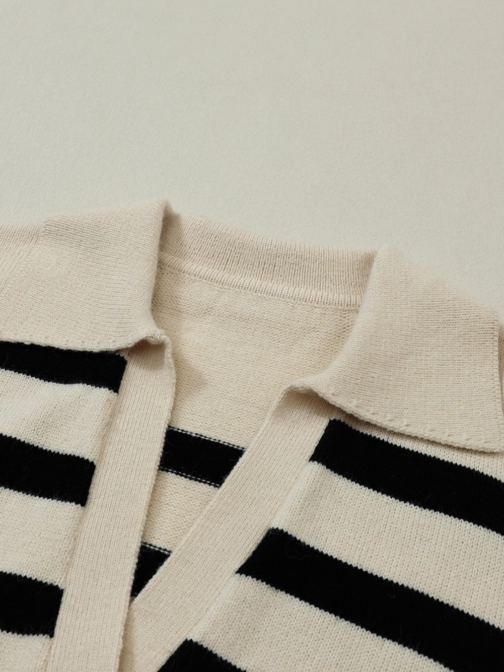 Apricot Striped Knit Collared V Neck Sweater with Drop Shoulder