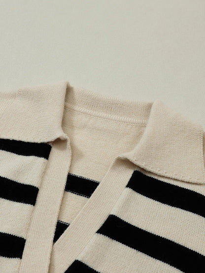 Apricot Striped Knit Collared V Neck Sweater with Drop Shoulder