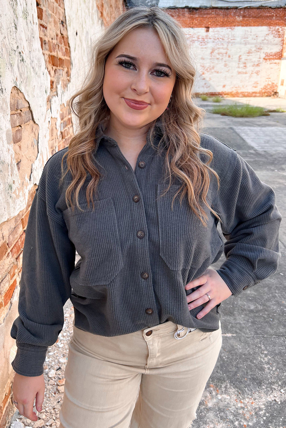 Dark Grey Rib Knit Exposed Seam Button up Plus Shacket