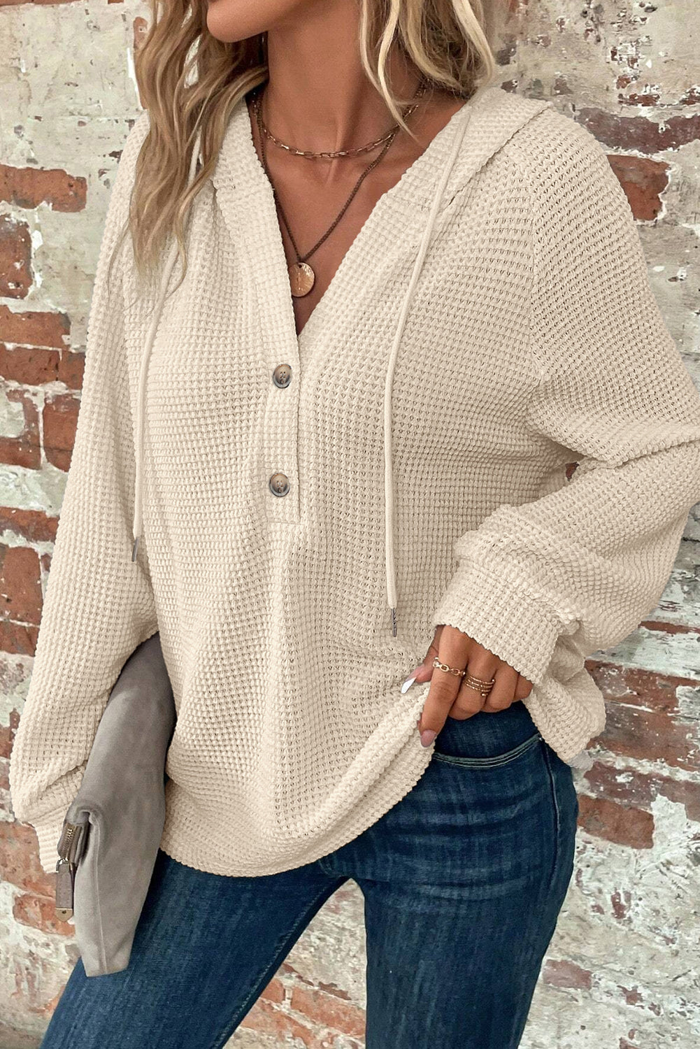 Apricot Thermal Waffle Knit Button V Neck Loose Drawstring Hoodie