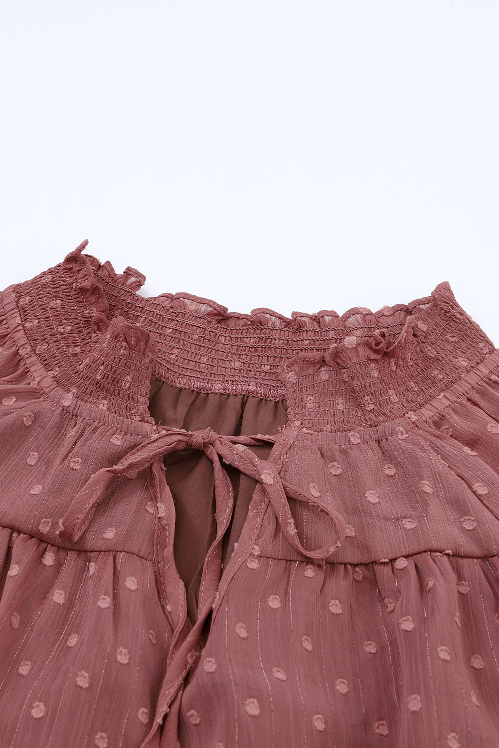 Fiery Red Swiss Dot Lace-up Bubble Sleeve Blouse