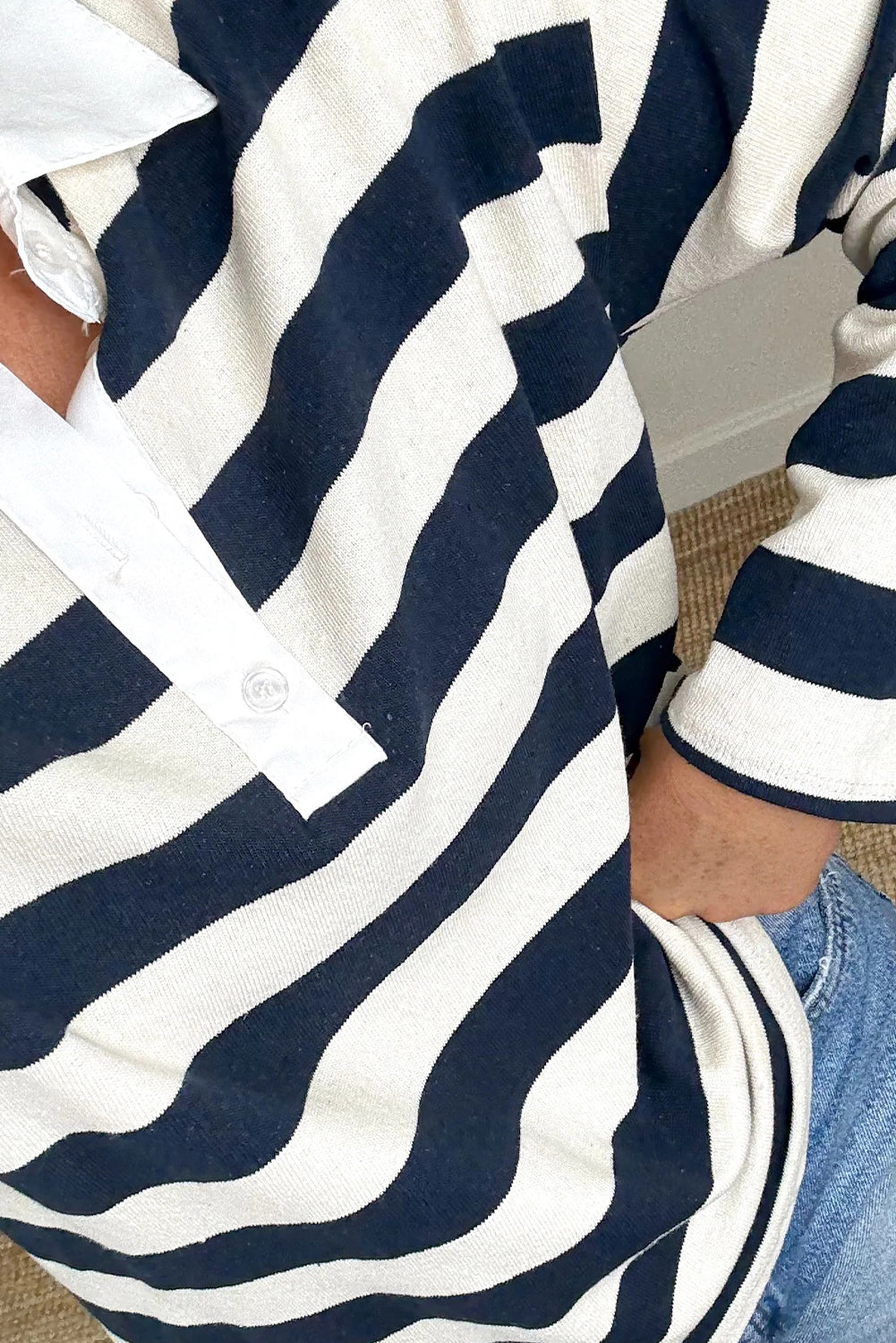 Blue Stripe Contrast Shirt Collar Patchwork Long Sleeve Top