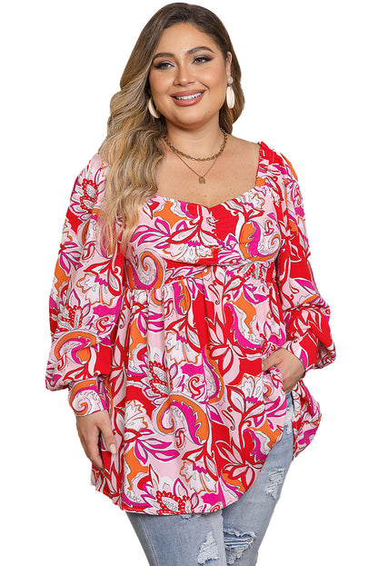 Fiery Red Plus Size Floral Sweetheart Neck Babydoll Blouse