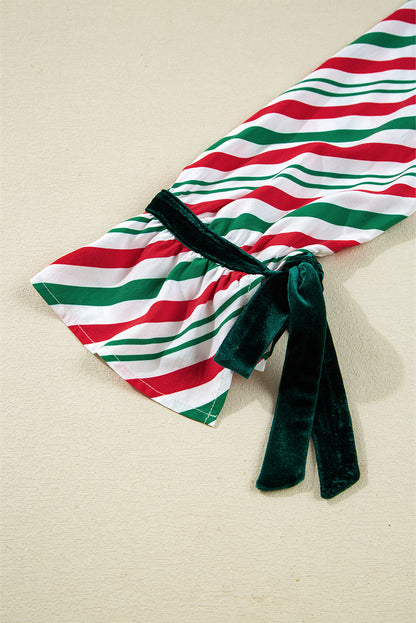 Green Stripe Contrast Velvet Ribbon Knot Christmas 2pcs Pajama Set