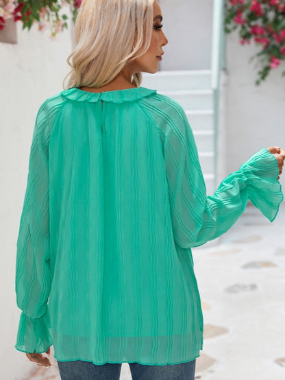 Green Chic Pleated Sleeve Blouse With Flared Cuffs