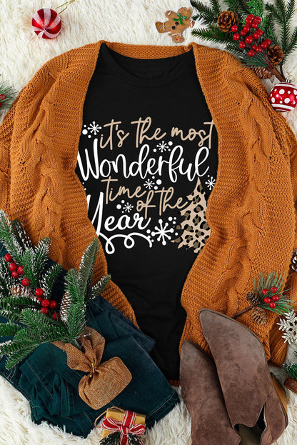 Festive Black Leopard Graphic Tee with Christmas Vibes