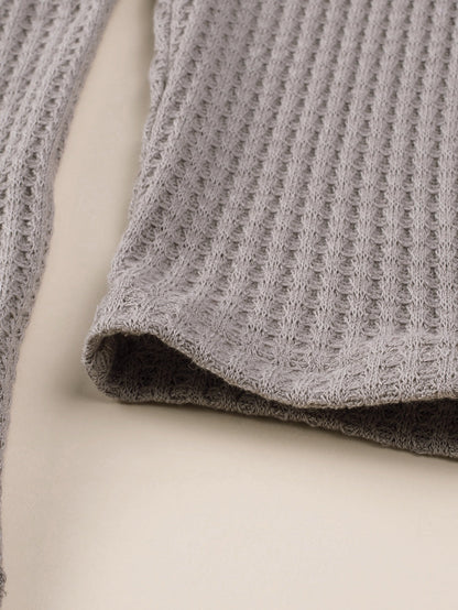 Simply Taupe Waffle Knit Drop Shoulder Button V Neck Plus Size Top