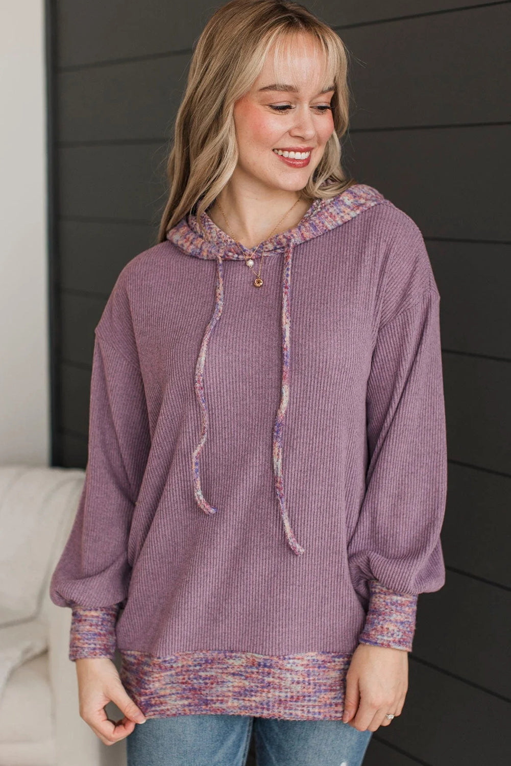 Toadstool Ribbed Texture Contrast Trim Drawstring Hooded Long Sleeve Top