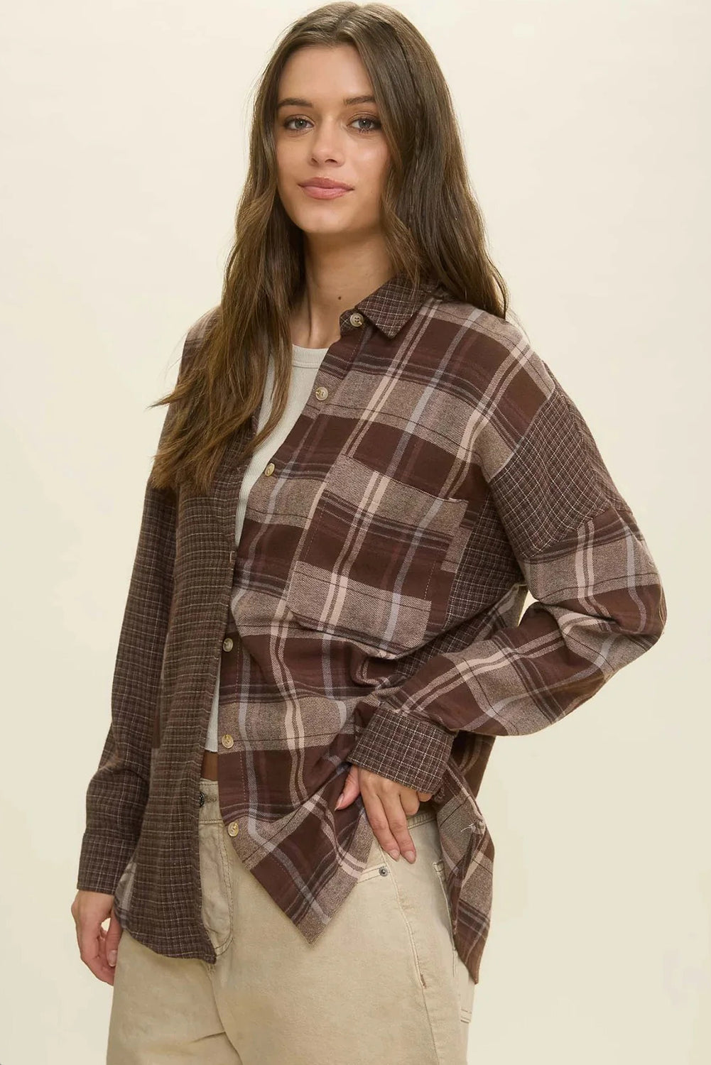 Brown Retro Plaid Patchwork Oversize Shirt