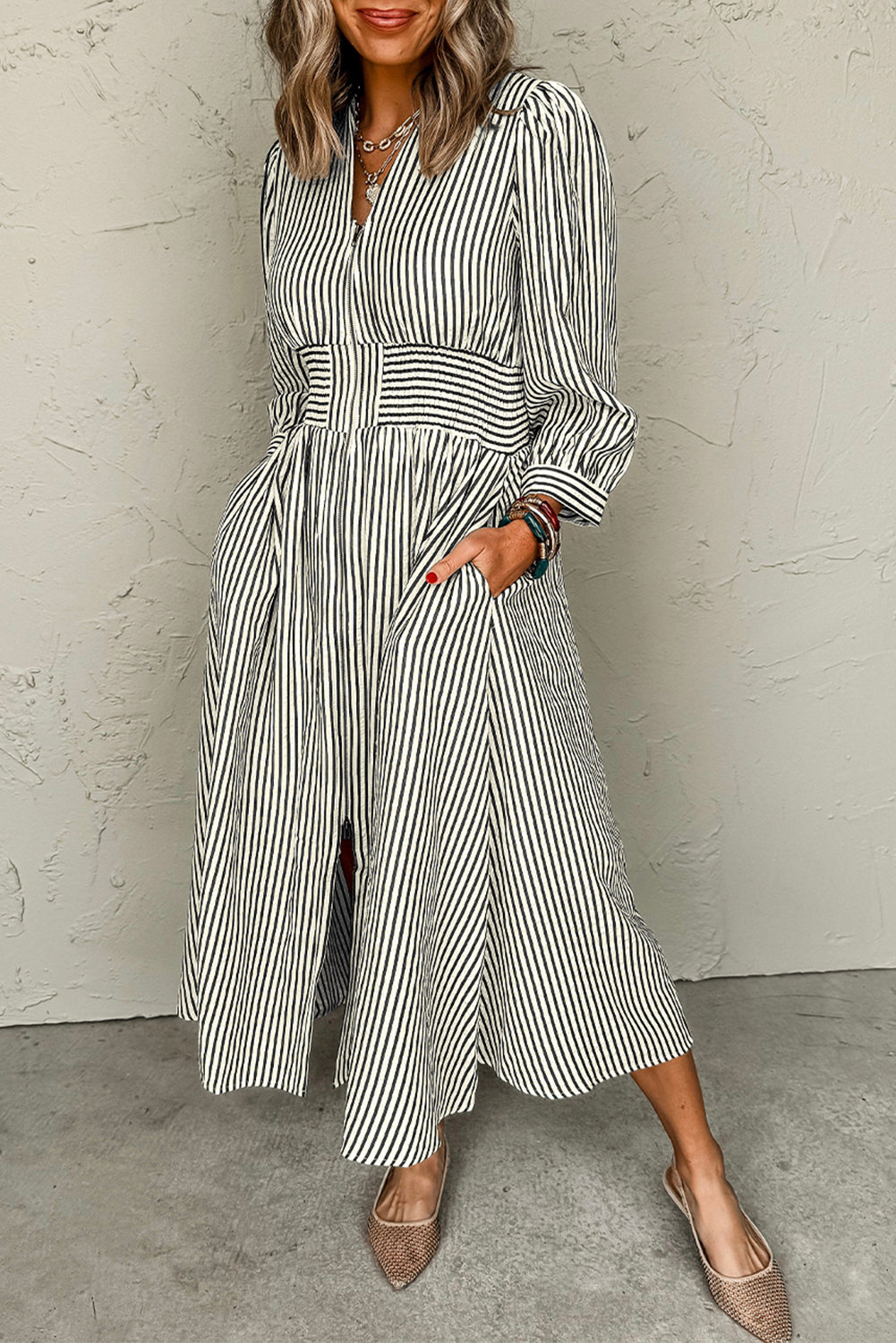 Black Stripe V Neck Zip Front Cinched High Waist Midi Dress