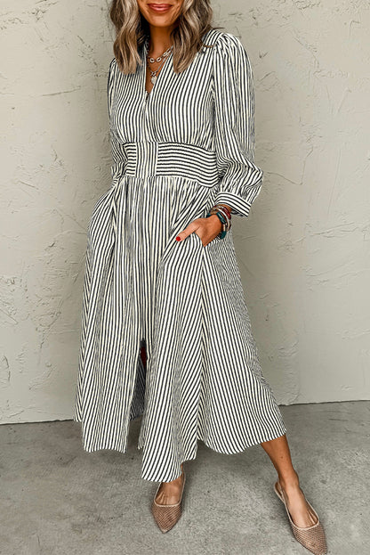 Black Stripe V Neck Zip Front Cinched High Waist Midi Dress