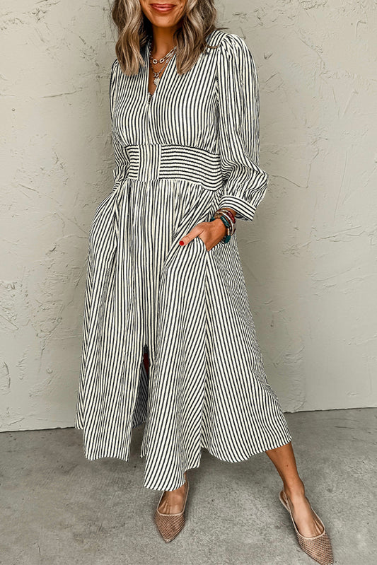 Black Stripe V Neck Zip Front Cinched High Waist Midi Dress