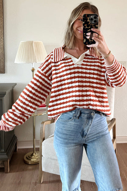 Cinnamon Striped Collared Cozy Sweater