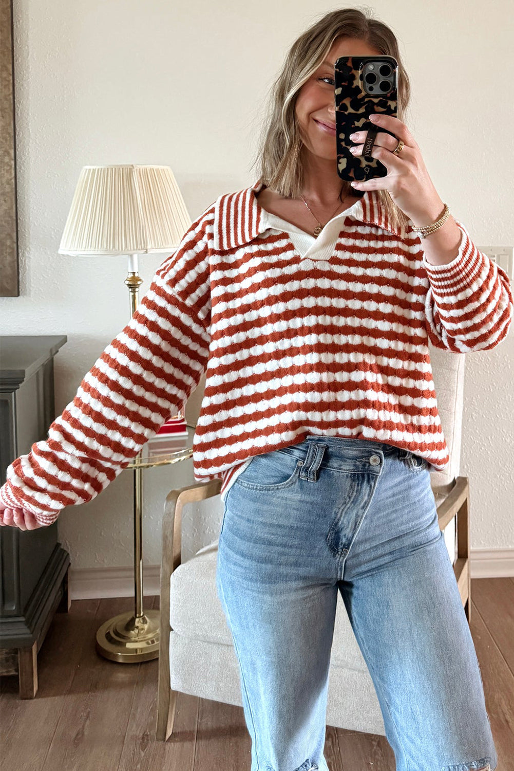 Cinnamon Striped Collared Cozy Sweater