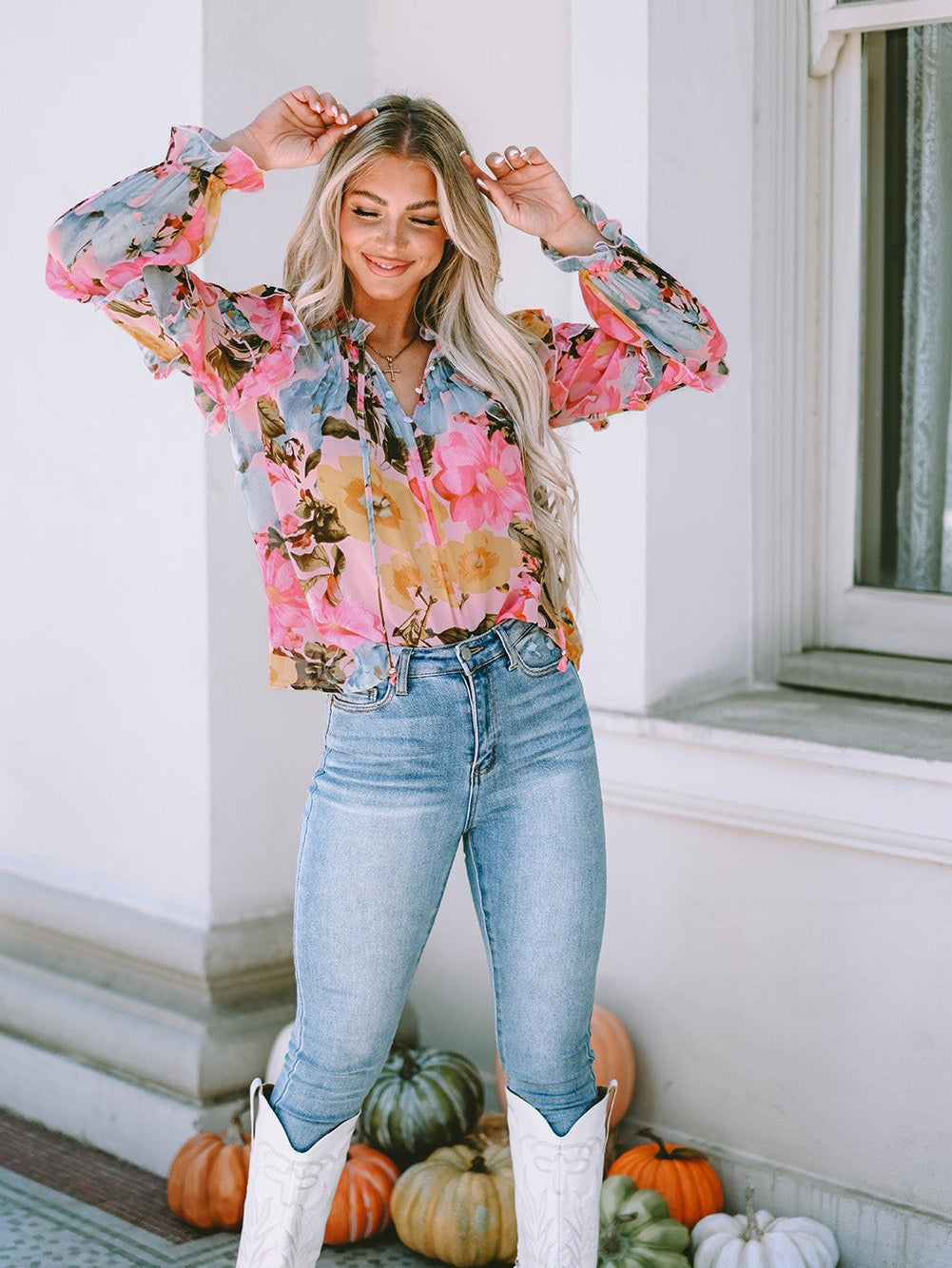 Floral Delight Pink Ruffle Tiered Puff Sleeve Blouse