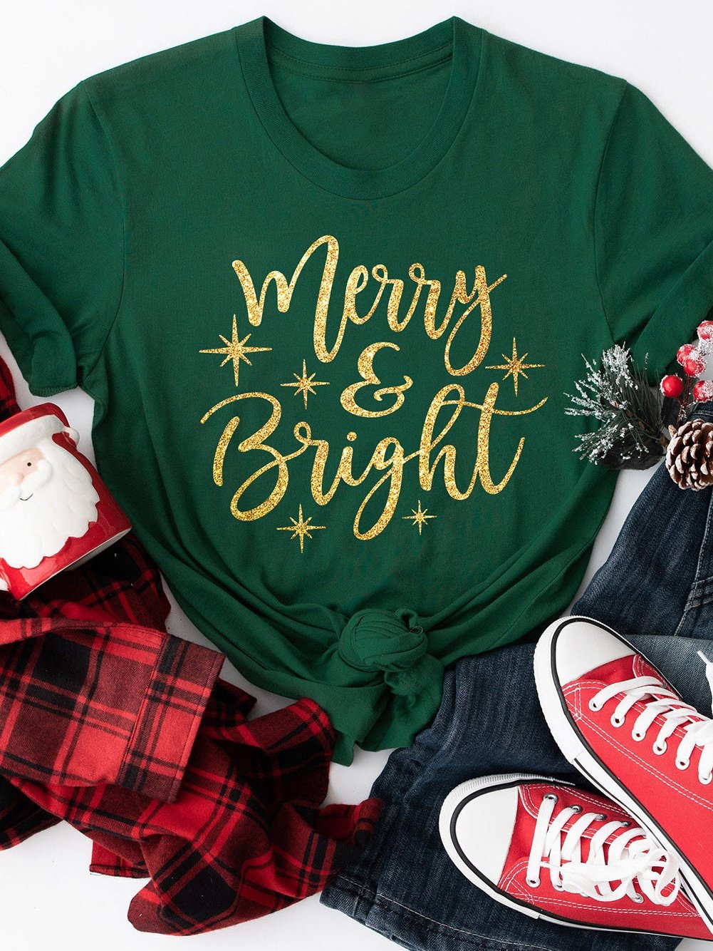 Festive Green Starry Letter Print Tee