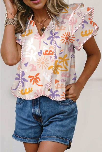 Pink Vacation Print Striped Trim Tie V Neck Ruffle Tiered Short Sleeve Blouse