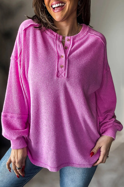 Sachet Pink Brushed Ribbed Knit Exposed Seam Drop Shoulder Henley Top