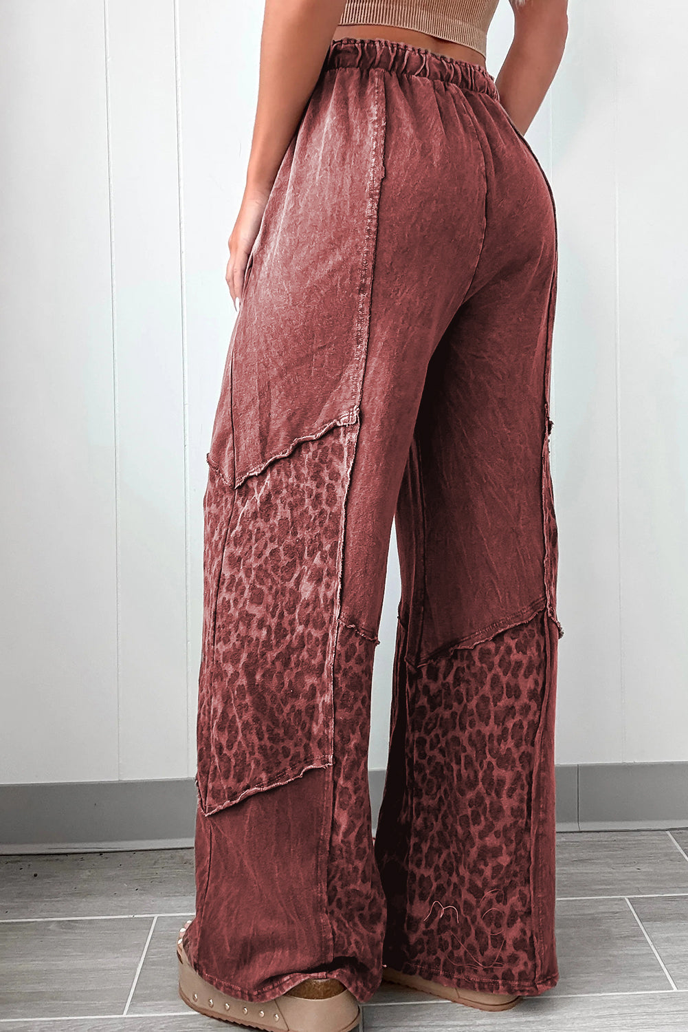 Red Clay Mineral Wash Leopard Patchwork Loose Pants