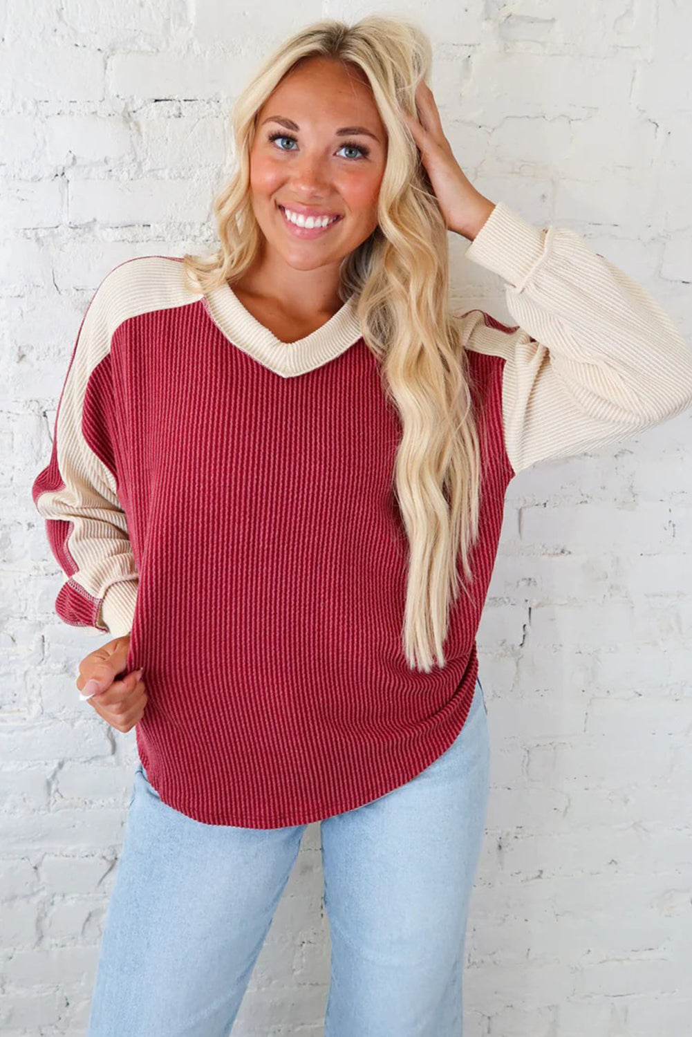 Racing Red Twisted Ribbed Color Block Patchwork Long Sleeve Top