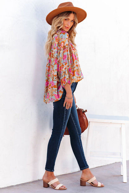 Elegant Floral Ruched V Neck Bohemian Blouse