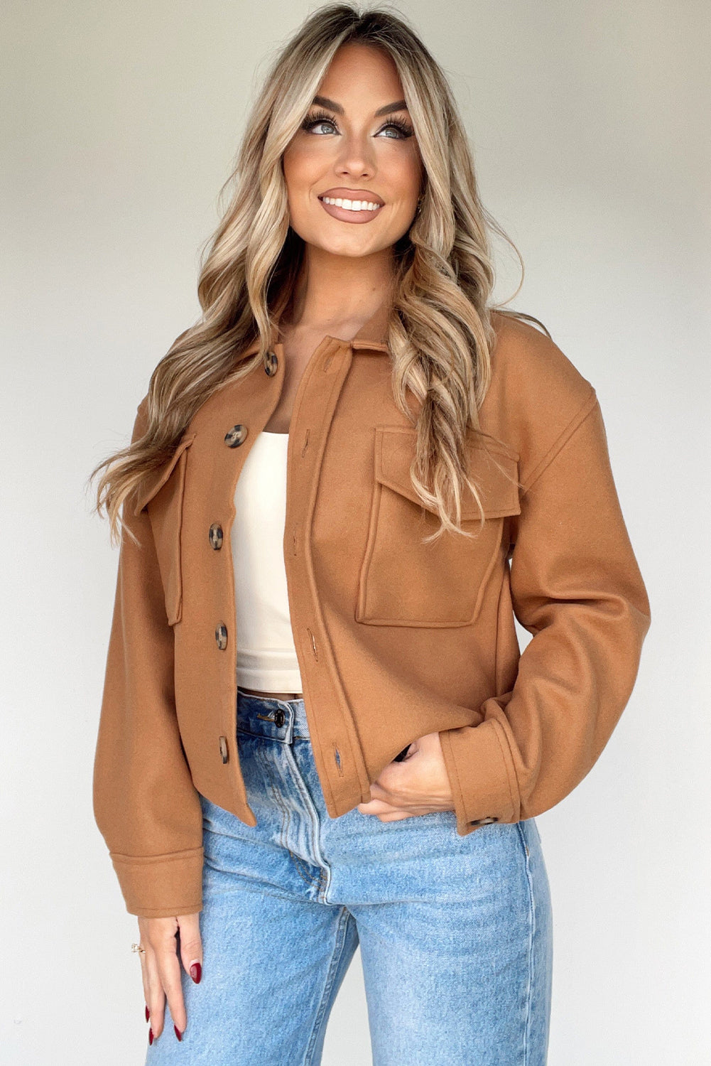 Camel Big Flap Pockets Chunky Boxy Fit Chic Jacket