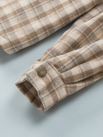 Khaki Checkered Sherpa-Lined Hooded Shacket