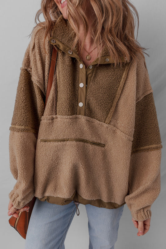 Straw Yellow 2-tone Color Block Patchwork Half Button Sherpa Sweatshirt