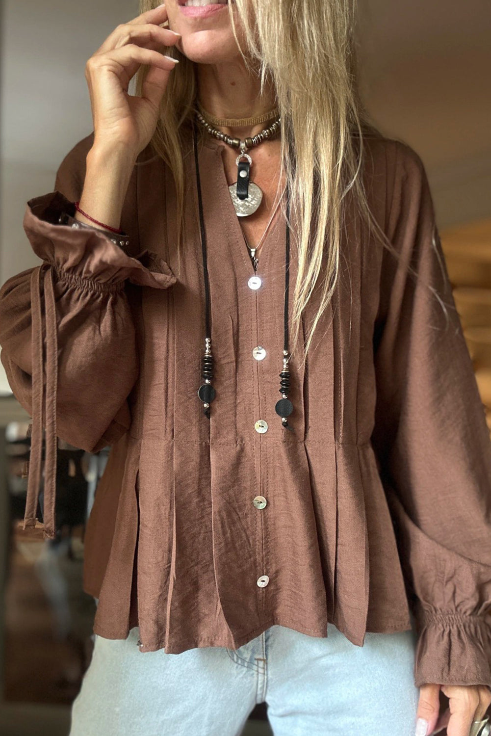 Coffee Pintuck Buttoned Front Decor Ruffled Sleeve Loose Blouse