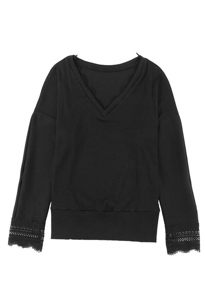 Elegant Black V Neck Lace Trim Ribbed Top with Long Sleeves