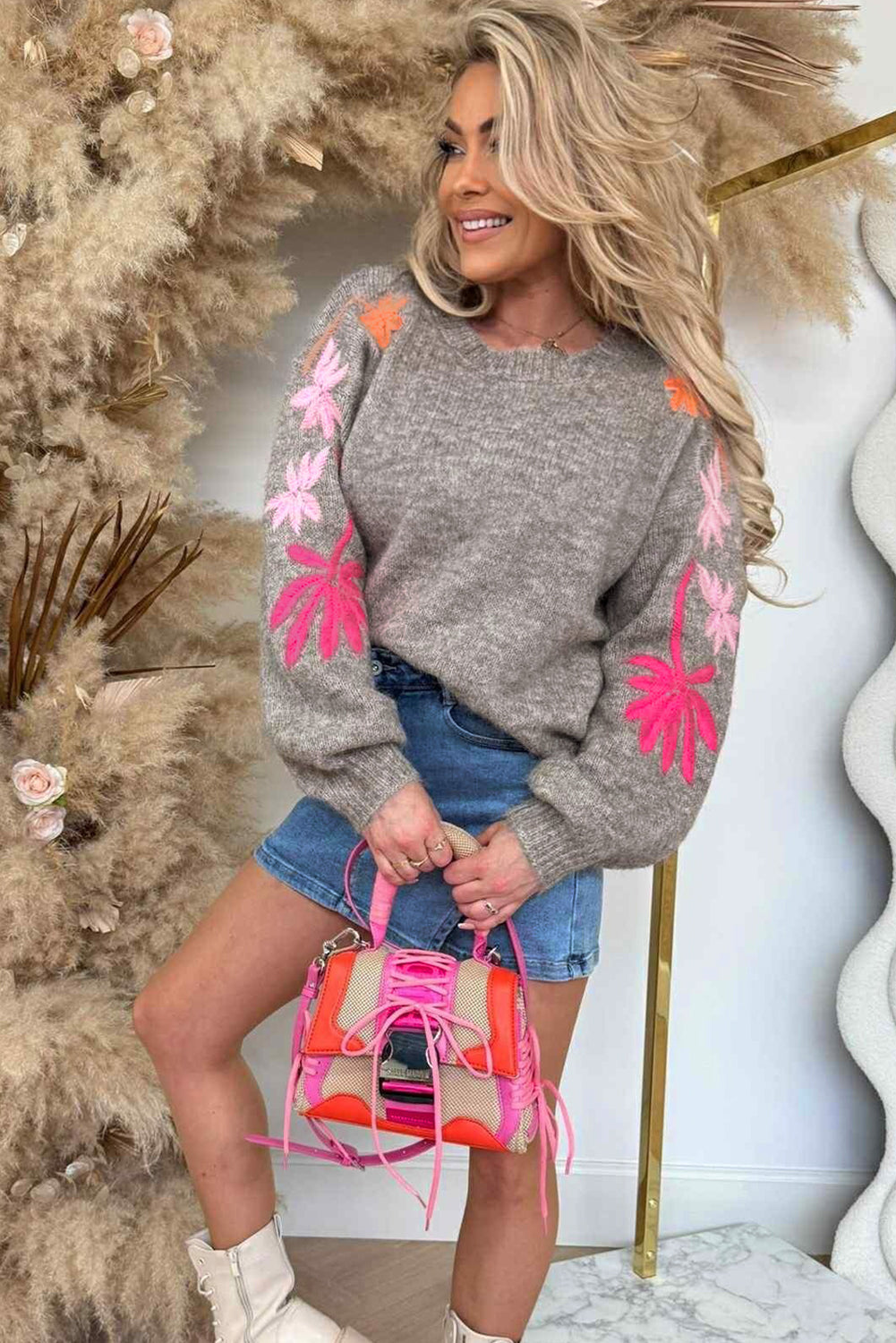 Simply Taupe Embroidered Floral Sleeve Round Neck Loose Sweater