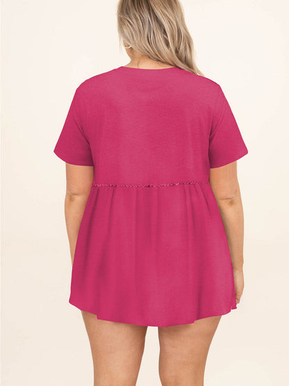 Elegant Rose Red Plus Size V-Neck Babydoll Top