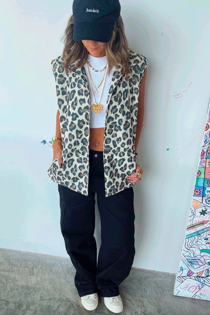 Brown Leopard Open Front Jacket Vest