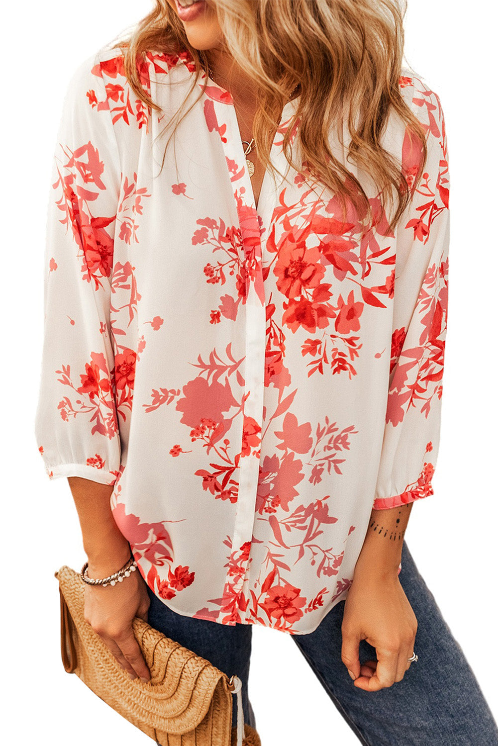 Floral Plant Pattern Pleated Back V-Neck Shift Top