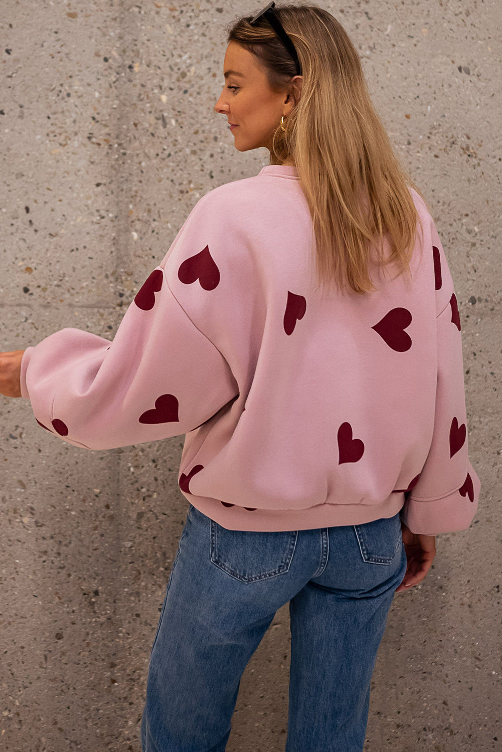 Pink Sweat Heart Print Patchwork Puff Sleeve Oversize Sweatshirt