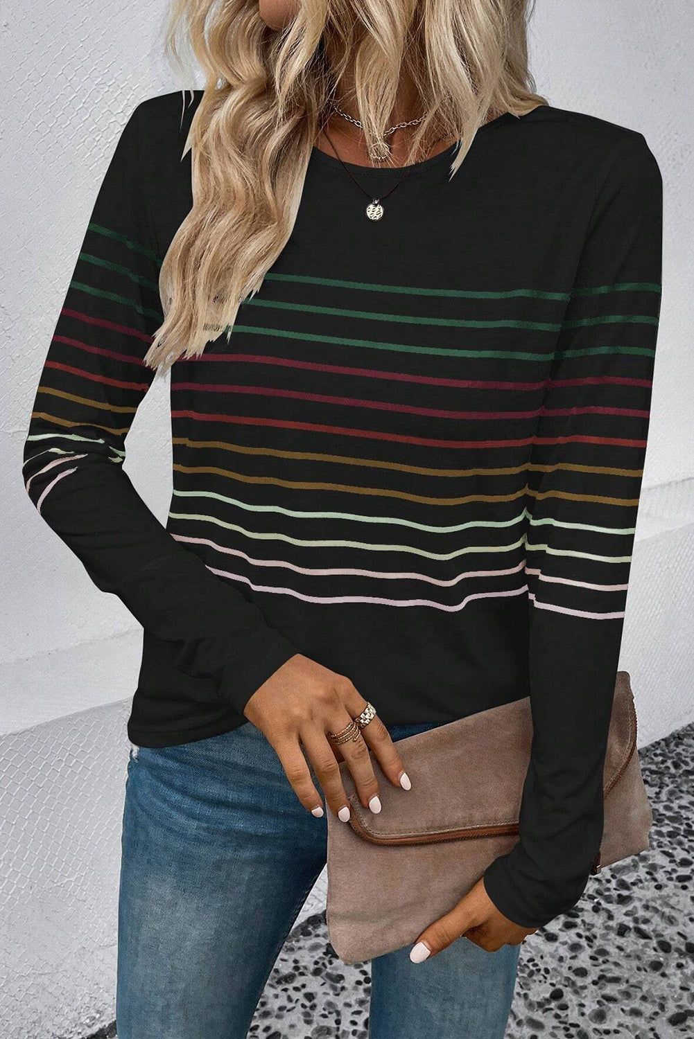 Black Colorful Striped Round Neck Long Sleeve Top