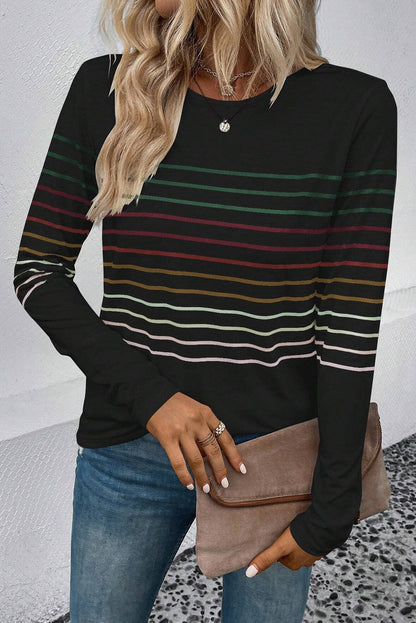 Black Colorful Striped Round Neck Long Sleeve Top