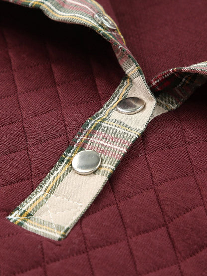 Fiery Red Plaid Trim Sweatshirt with Geometric Detail