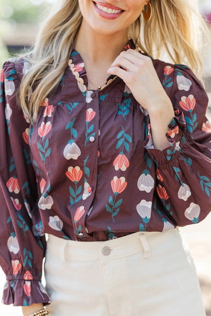 Brown Floral Print Frilled Ricrac Trim Collar Long Sleeve Shirt