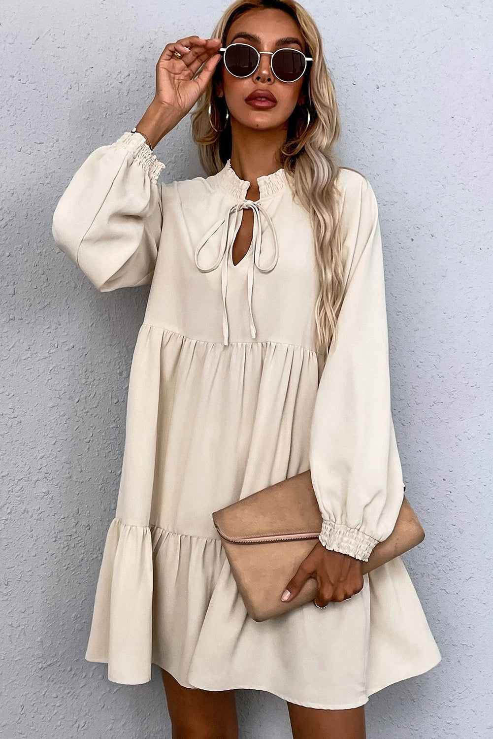 Beige Tie Split Neck Smocked Detail Long Puff Sleeve Ruffle Hem Loose Dress