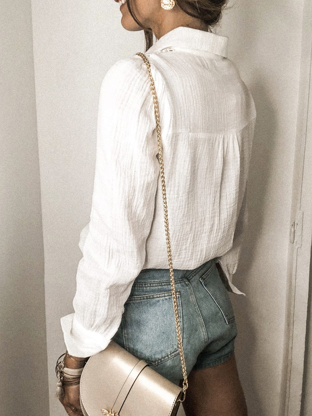 Elegant Ivory Lace Trimmed Crinkle Blouse