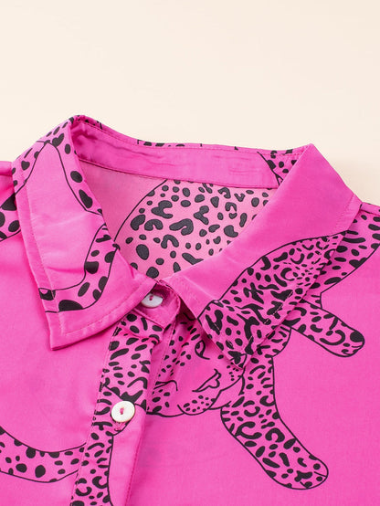 Rose Cheetah Print Half Sleeve Buttoned Plus Size Mini Dress