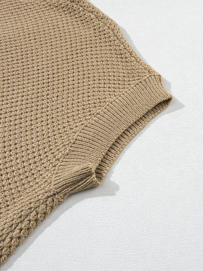Elegant Pale Khaki Turtleneck Textured Short Sleeve Jumper