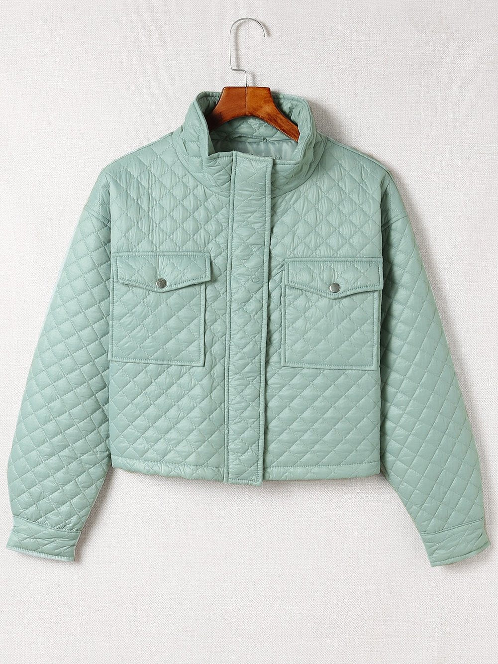 Green Quilted Zip-up Cropped Jacket with Chic Pockets