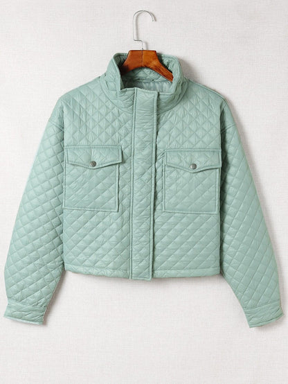 Green Quilted Zip-up Cropped Jacket with Chic Pockets