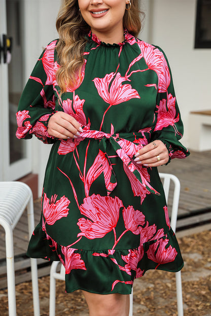 Green Plus Size Shirred Bracelet Sleeve Ruffled Floral Dress