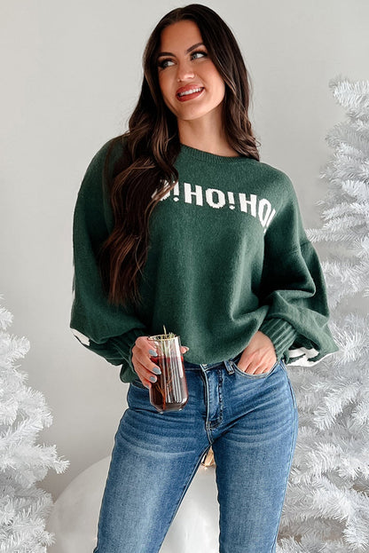 Blackish Green MERRY CHRISTMAS HO HO HO Drop Shoulder Loose Sweater